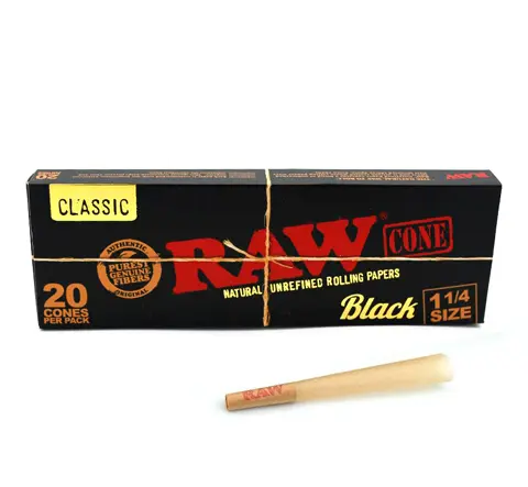 RAW Classic Black 1¼ Conos Pre-Enrolados - Pack de 20